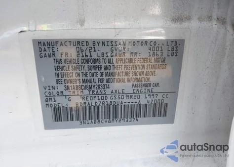 2021 Nissan Sentra Sv Xtronic Cvt из США, поврежденный, VIN 3N1AB8CV8MY293374